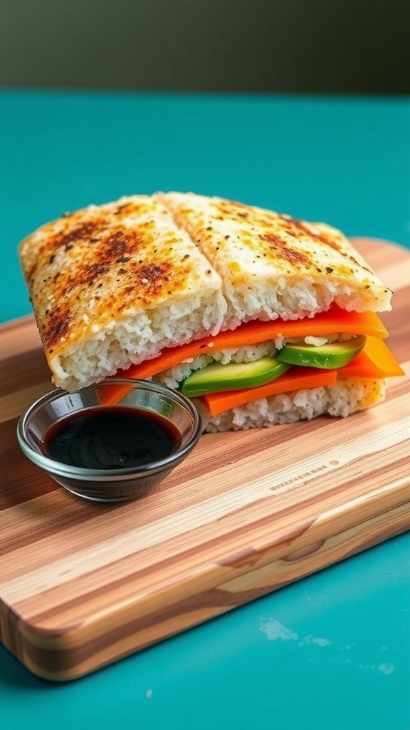 Savory Sushi Sandwich Recipe A sushi sandwich cut in half, filled with cucumber, carrot, avocado, and fish, served with soy sauce on the side.